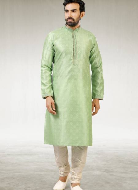 Pista Green Colour Outluk New Latest Design Jacquard Silk Brocade Party Wear Kurta Pajama Mens Collection 1224-1022